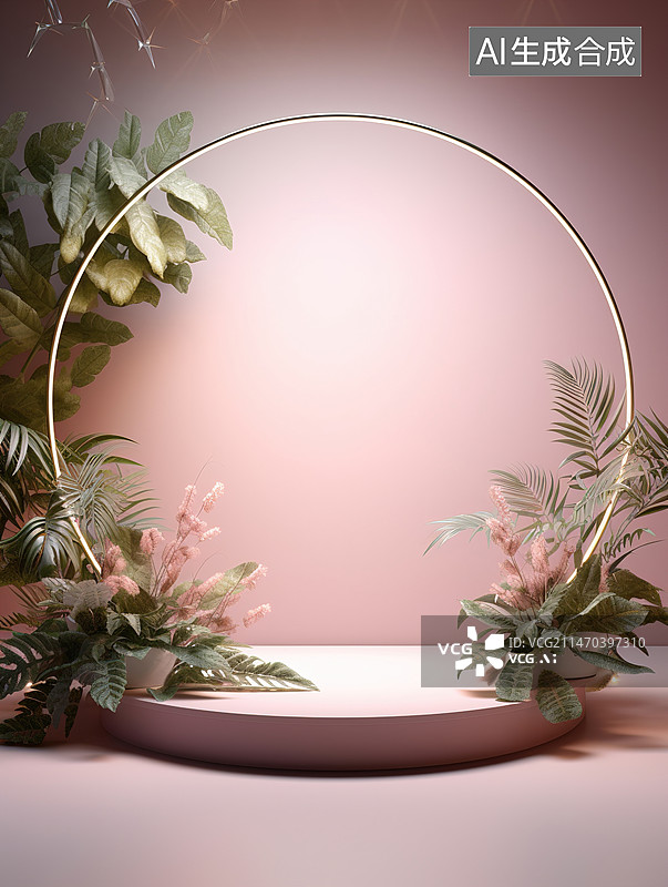 【AI数字艺术】极简主义玫瑰几何底座：粉色背景下的产品展示-空模型模板图片素材