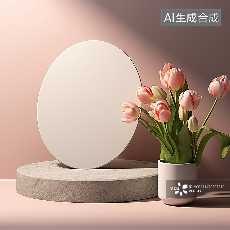 【AI数字艺术】极简主义玫瑰几何底座：粉色背景下的产品展示-空模型模板图片素材