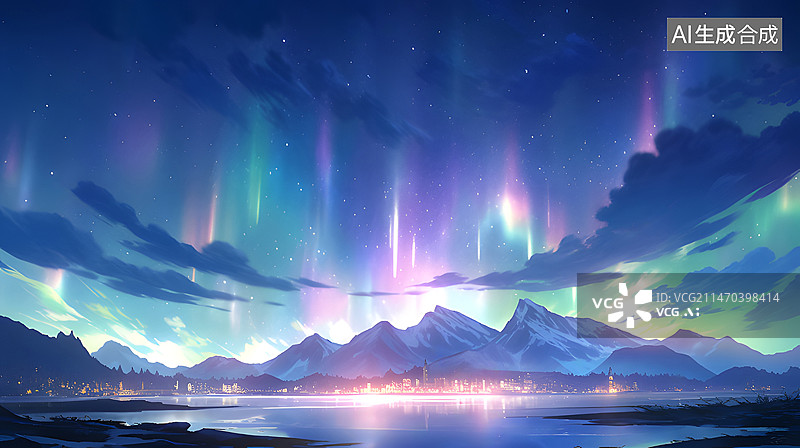 【AI数字艺术】夜晚户外极光风景插画图片素材