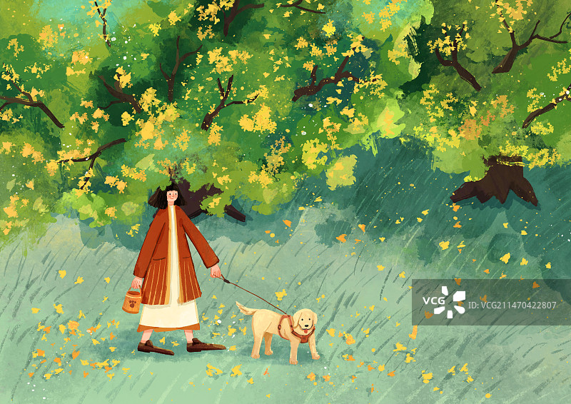 秋分遛狗插画图片素材