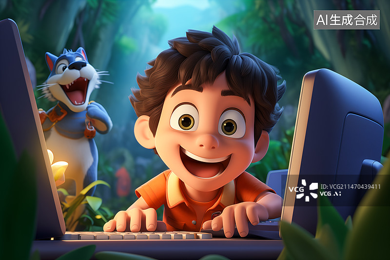 【AI数字艺术】一个男孩在玩电脑图片素材