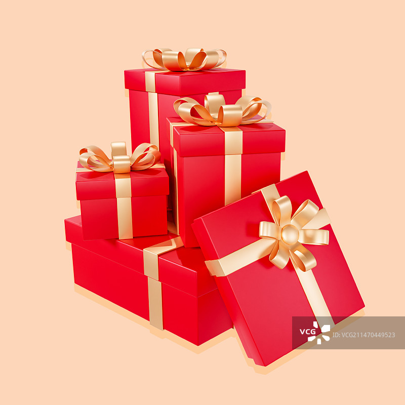 3D渲染的春节红色堆起来的礼盒促销元素插画图片素材