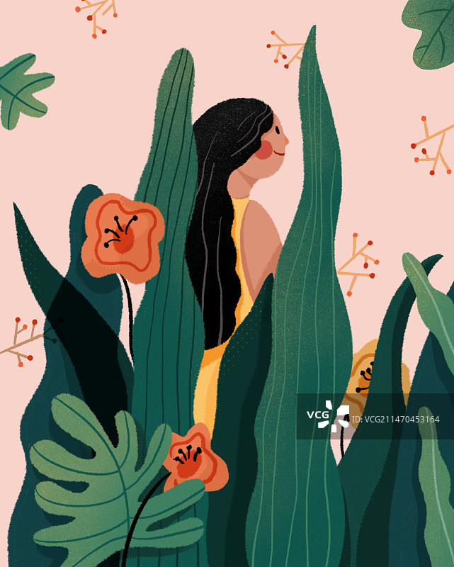 站在植物后面的女生图片素材