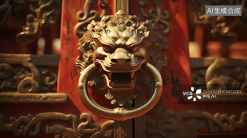 【AI数字艺术】红色大门上的铜狮子门环图片素材