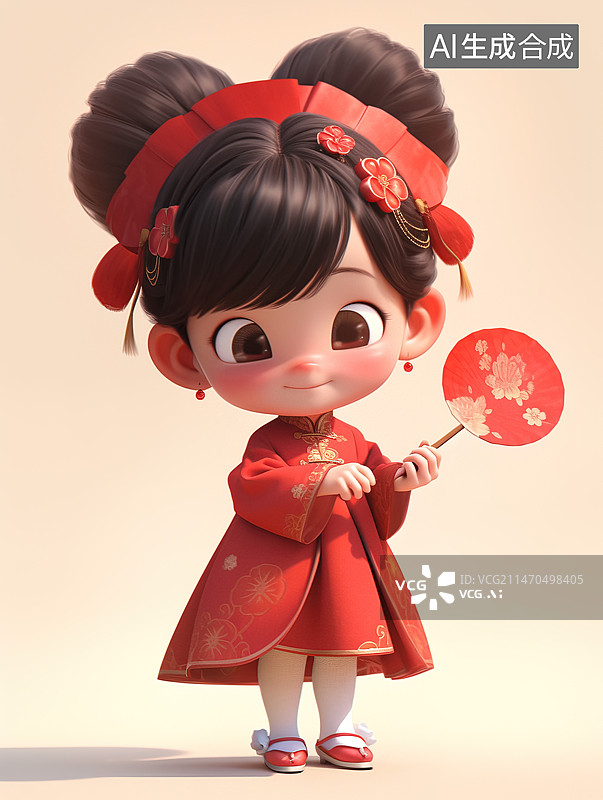 【AI数字艺术】春节拿扇子的女孩图片素材