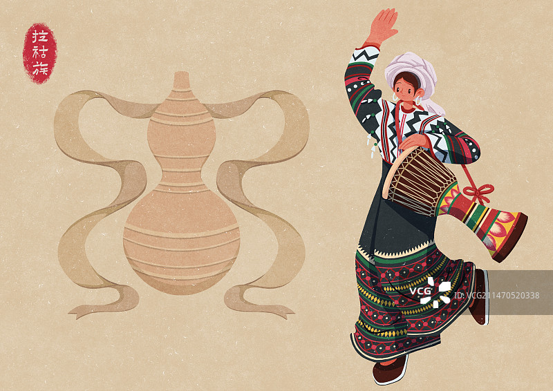 拉祜族图腾下打象脚鼓的女性图片素材
