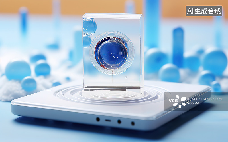 【AI数字艺术】蓝色背景下的智能手机和耳机特写镜头图片素材