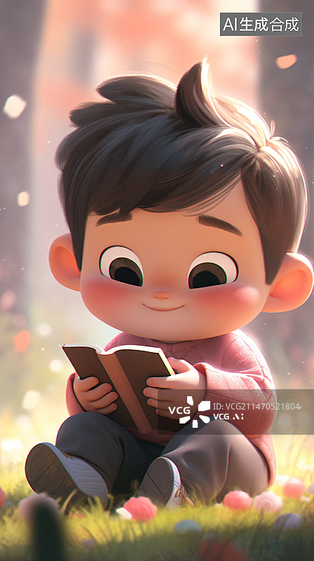 【AI数字艺术】儿童在看书学习3D插画，儿童教育行业概念插图图片素材
