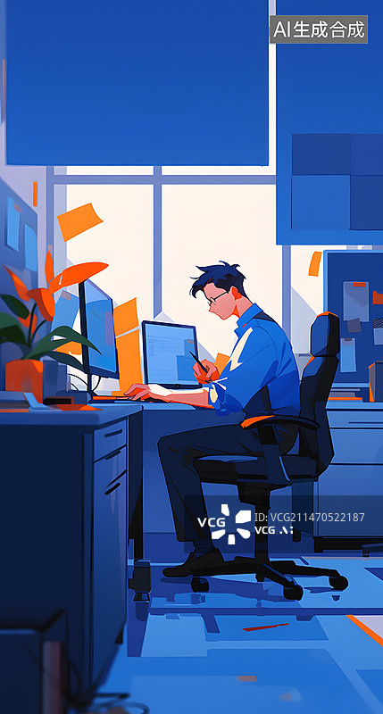 【AI数字艺术】办公室加班工作的人图片素材