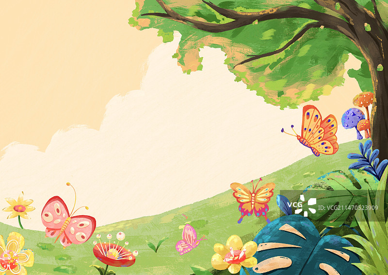 春天公园内草地花丛树木蝴蝶风景插画图片素材