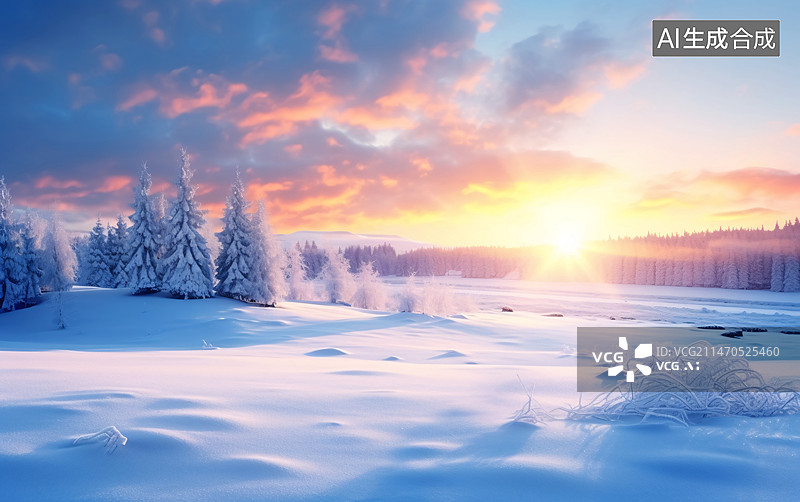 【AI数字艺术】冬天雪景背景，冬季白色下雪自然森林场景插图图片素材