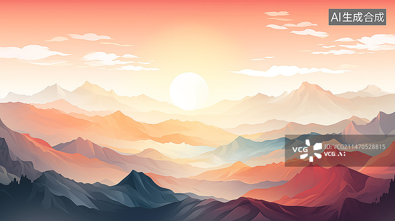 【AI数字艺术】日出日落阳光岩石山峰插画广阔山脉场景背景极简光影薄雾橙色粉红色图片素材