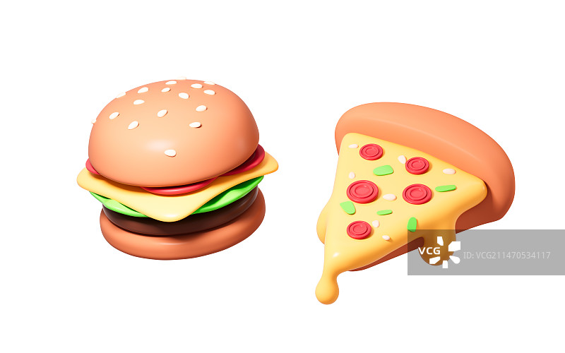 卡通披萨和汉堡模型3D渲染图片素材