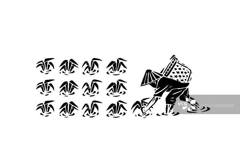 传统农耕版画风格收割插秧图片素材