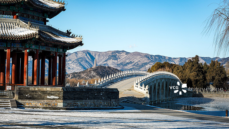 冬日清晨的颐和园八方亭十七孔桥和白雪覆盖的山脉图片素材