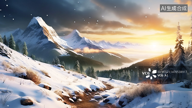 【AI数字艺术】冬季在阳光明媚的冬天长满松树的雪山图片素材