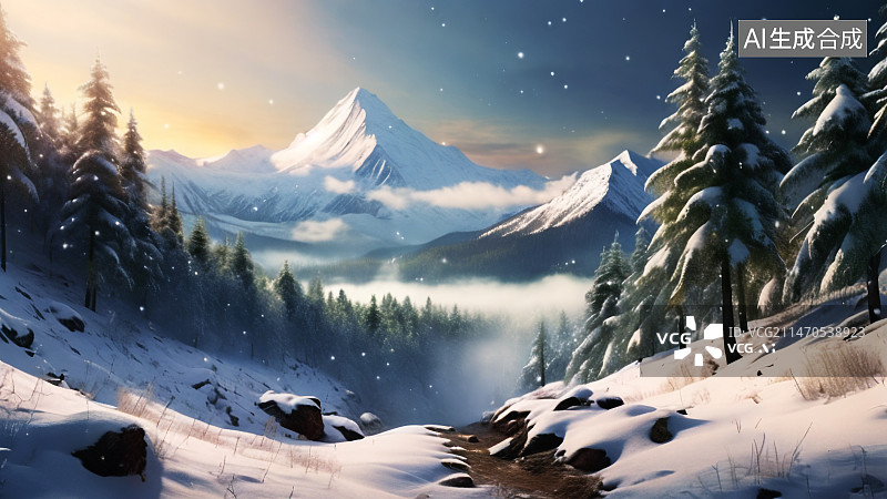 【AI数字艺术】冬季在阳光明媚的冬天长满松树的雪山图片素材