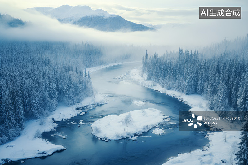 【AI数字艺术】航拍鸟瞰冬日森林雪景自然风光图片素材