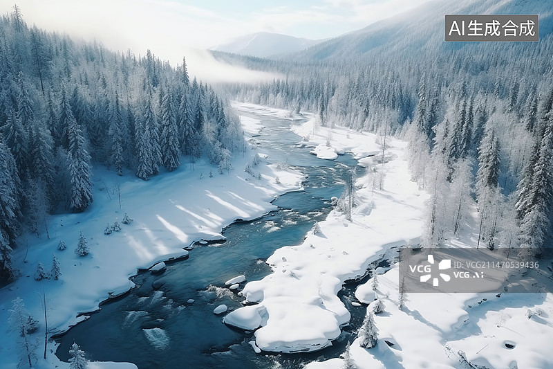 【AI数字艺术】冬日灿烂阳光下，河流穿梭于郁郁葱葱的森林图片素材