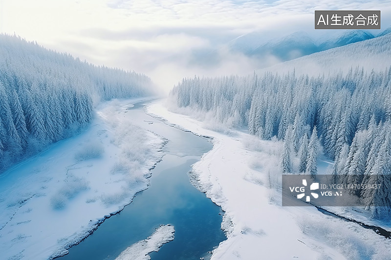 【AI数字艺术】冬日灿烂阳光下，河流穿梭于郁郁葱葱的森林图片素材