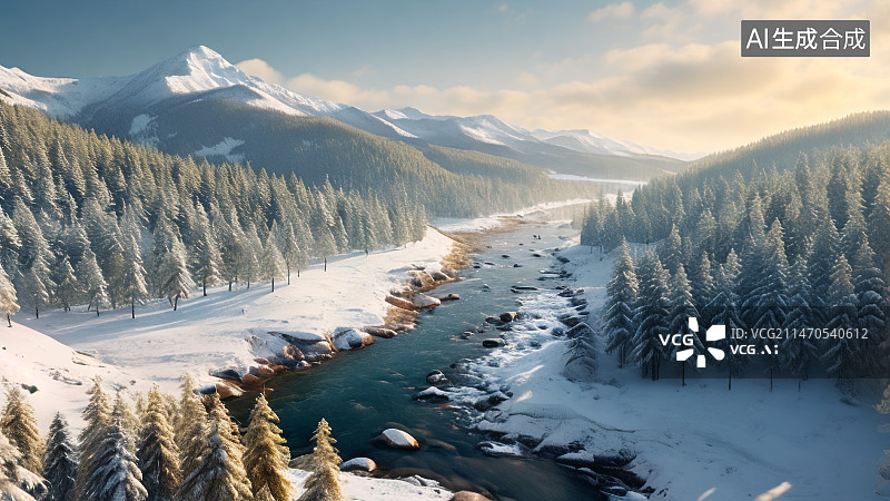 【AI数字艺术】冬季在阳光明媚的冬天长满松树的雪山图片素材