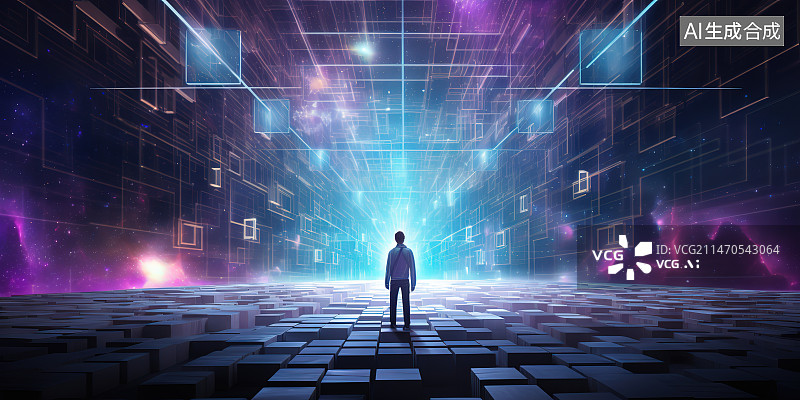 【AI数字艺术】站在发光的墙上的人的全长图片素材