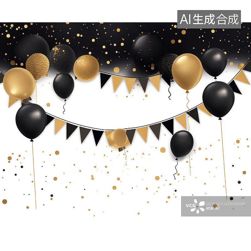 【AI数字艺术】黑金色气球三角旗装饰饰品图片素材