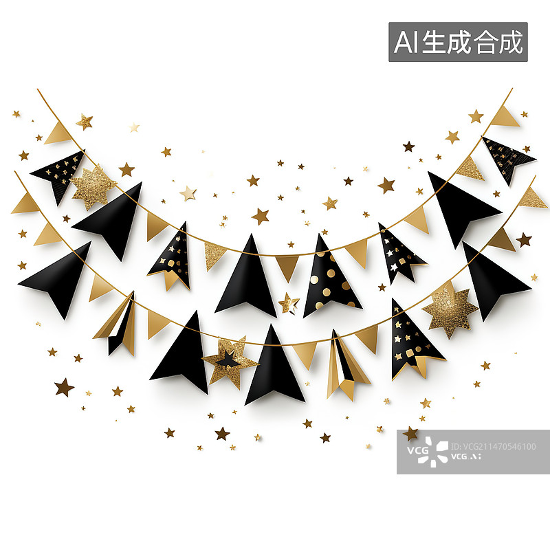 【AI数字艺术】黑金色气球三角旗装饰饰品图片素材