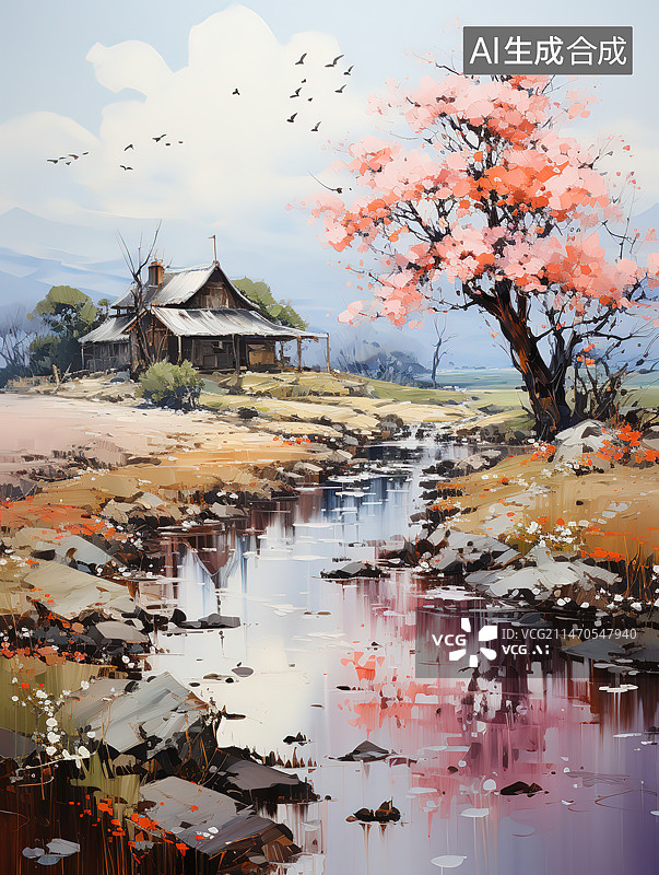 【AI数字艺术】湖边的树和房子图片素材