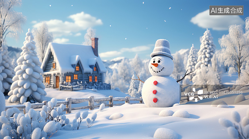 【AI数字艺术】3d雪人与林中小屋图片素材