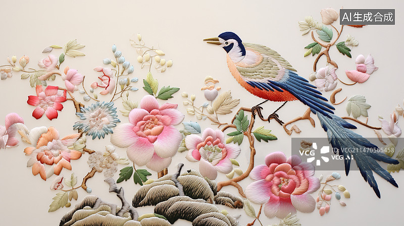 【AI数字艺术】中国刺绣鲜花蝴蝶与鸟图片素材
