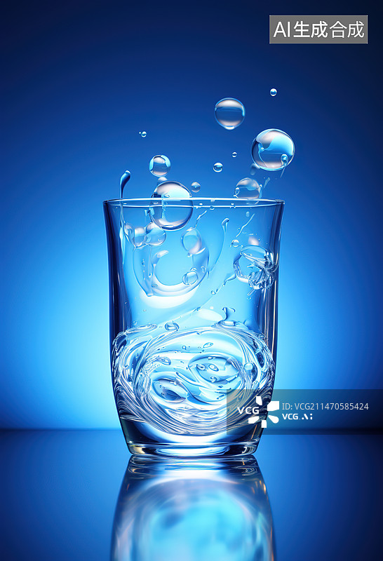 【AI数字艺术】蓝色背景下的酒杯特写镜头图片素材