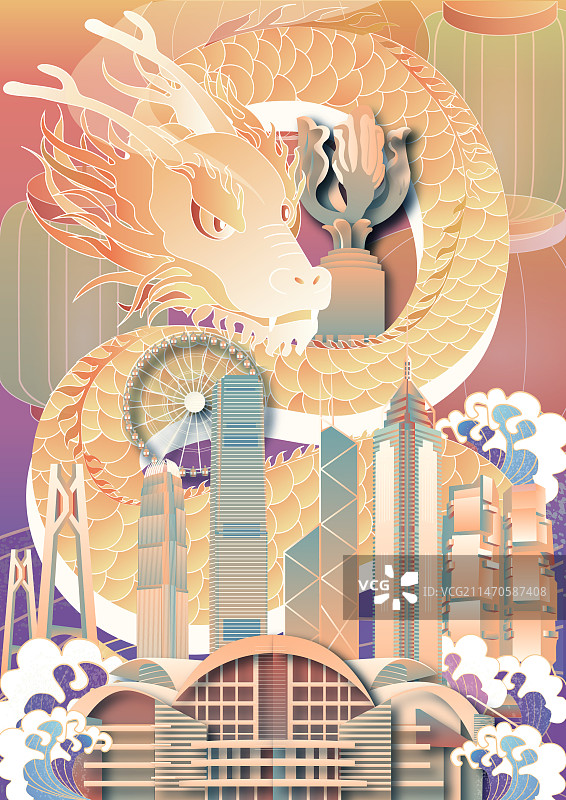 香港盘龙龙年城市地标建筑竖版插画图片素材