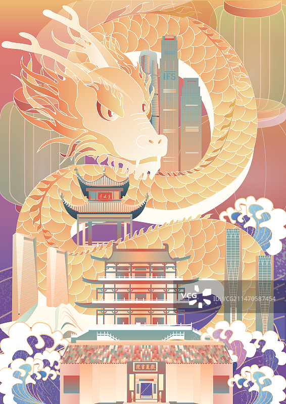 长沙盘龙龙年城市地标建筑竖版插画图片素材