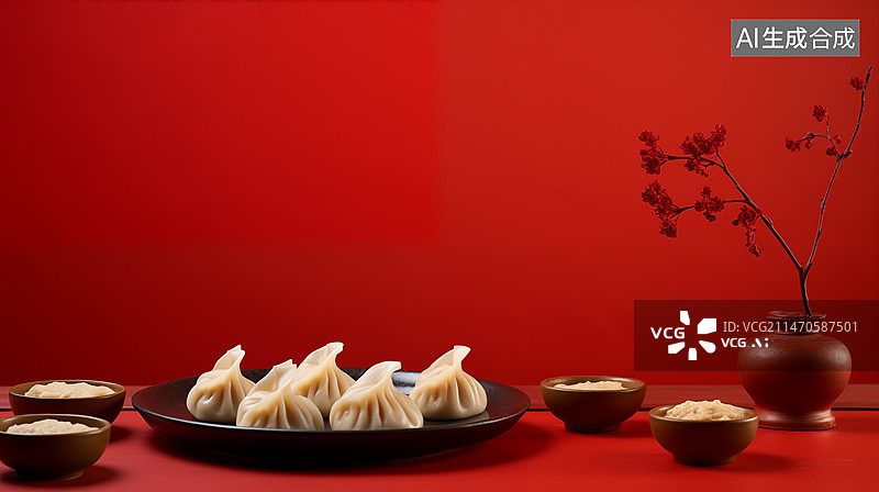 【AI数字艺术】红色背景，春节饺子，饺子特写，元宵节，饺子图片素材