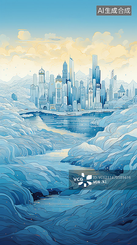 【AI数字艺术】国潮风城市建筑天际线插画图片素材