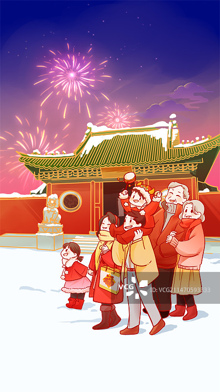 龙年新年一家人买年货拜年插画图片素材