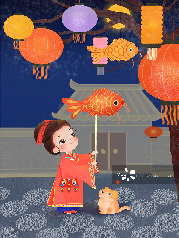 新年场景古风女孩逛灯会图片素材