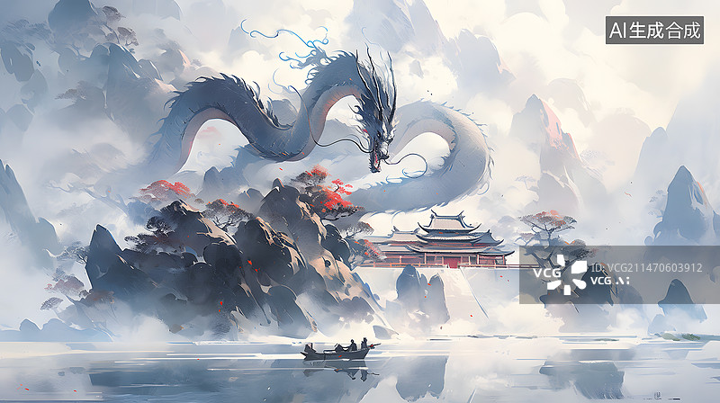 【AI数字艺术】神龙盘旋山林之间图片素材