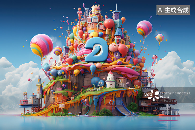 【AI数字艺术】彩色气球在天空中的低角度视图图片素材