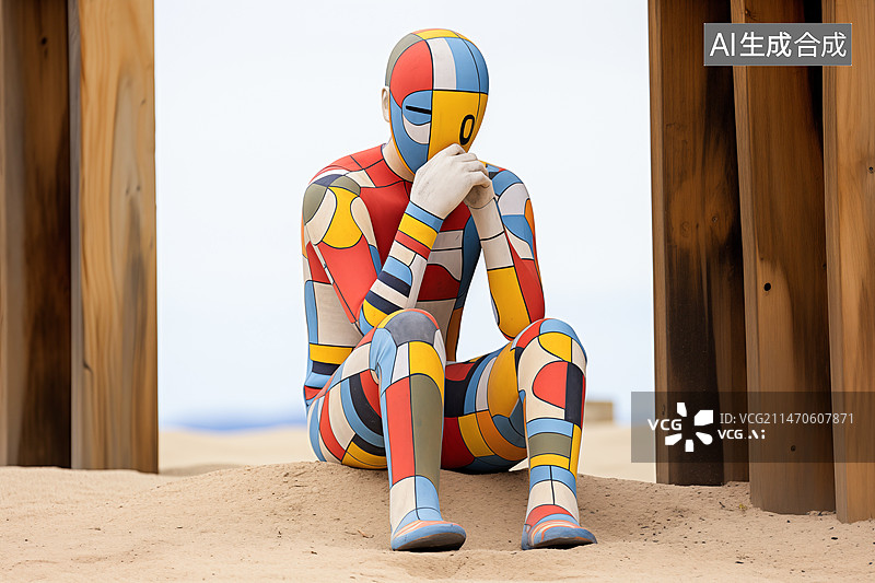 【AI数字艺术】荒漠里一个抱手发呆的木偶图片素材