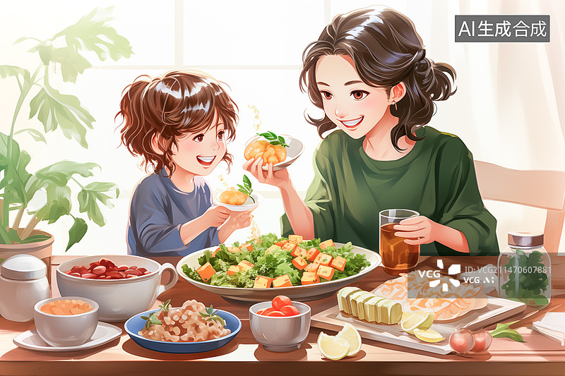 【AI数字艺术】母亲和女儿在餐桌上吃东西图片素材