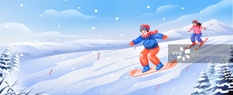 冬季大雪户外滑雪插画图片素材