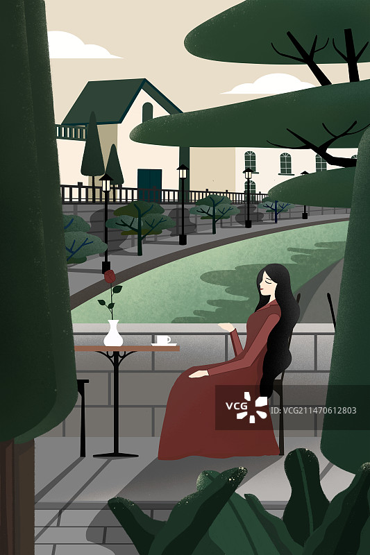 女子在河边喝咖啡图片素材