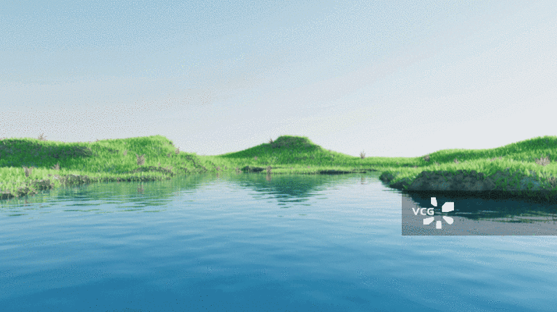 茂盛的草地与水面波纹3D渲染图片素材