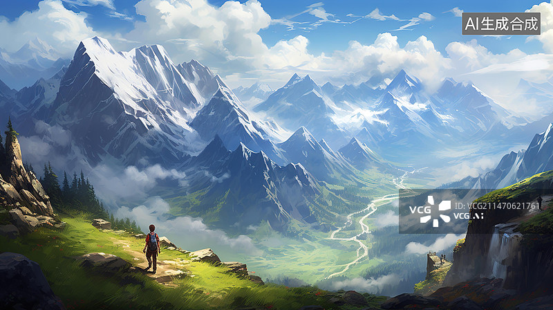 【AI数字艺术】一个人徒步旅途 雪山 旅行 自然风光图片素材