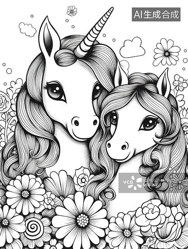 【AI数字艺术】独角兽亲子复古黑白线描图片素材