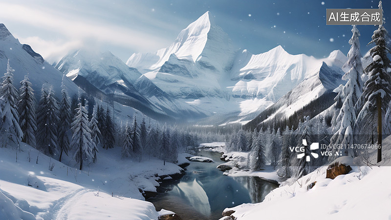 【AI数字艺术】冬季在阳光明媚的冬天长满松树的雪山图片素材
