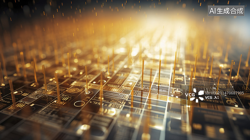 【AI数字艺术】芯片内部结构金色发光背景图片素材