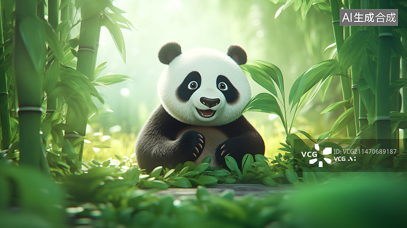 【AI数字艺术】绿竹林中的大熊猫平面插画图片素材